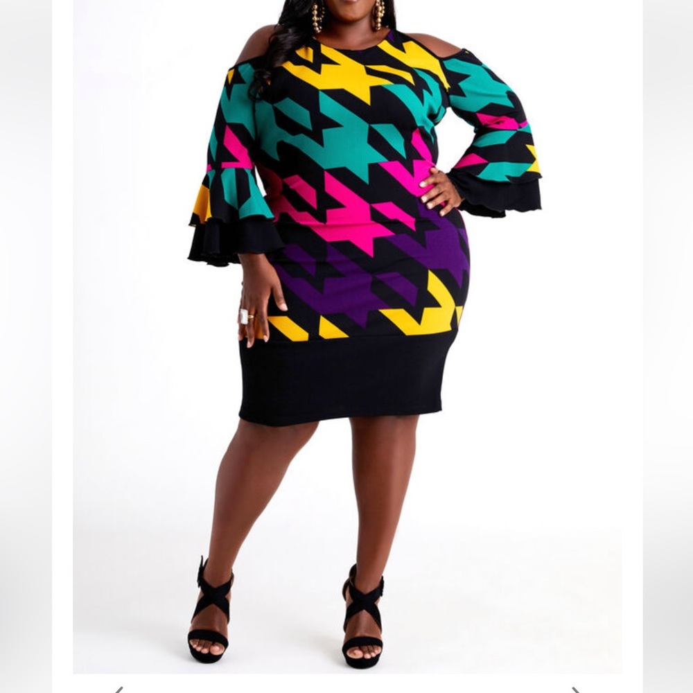 Multi-Colored Houndstooth Cold Shoulder Dress